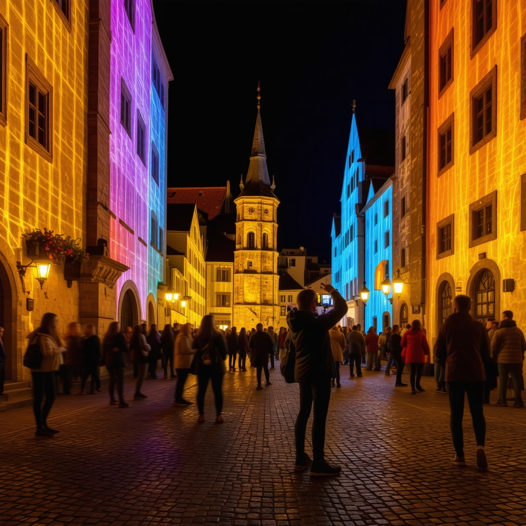 Medieval streets of Sibiu illuminated with colorful light projections and tourists using augmented reality devices