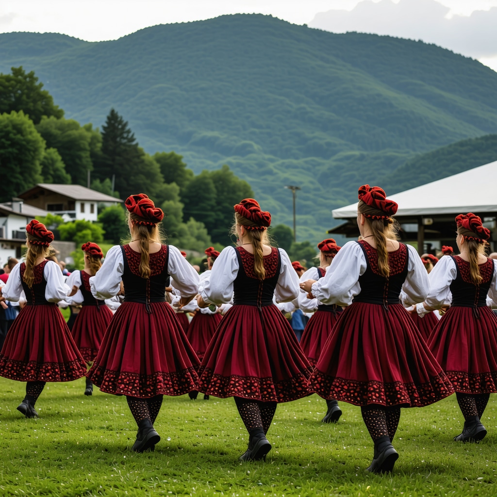 Locals in traditional attire performing folk dances at a cultural festival in Sjenica with a backdrop of mountains