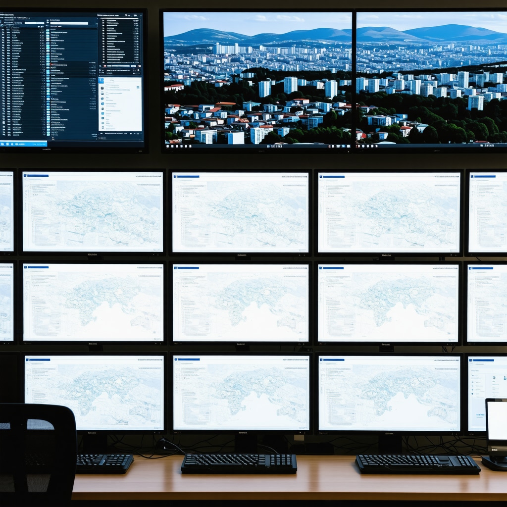 Control room with digital maps and data analytics screens managing tourism flow in Sarajevo