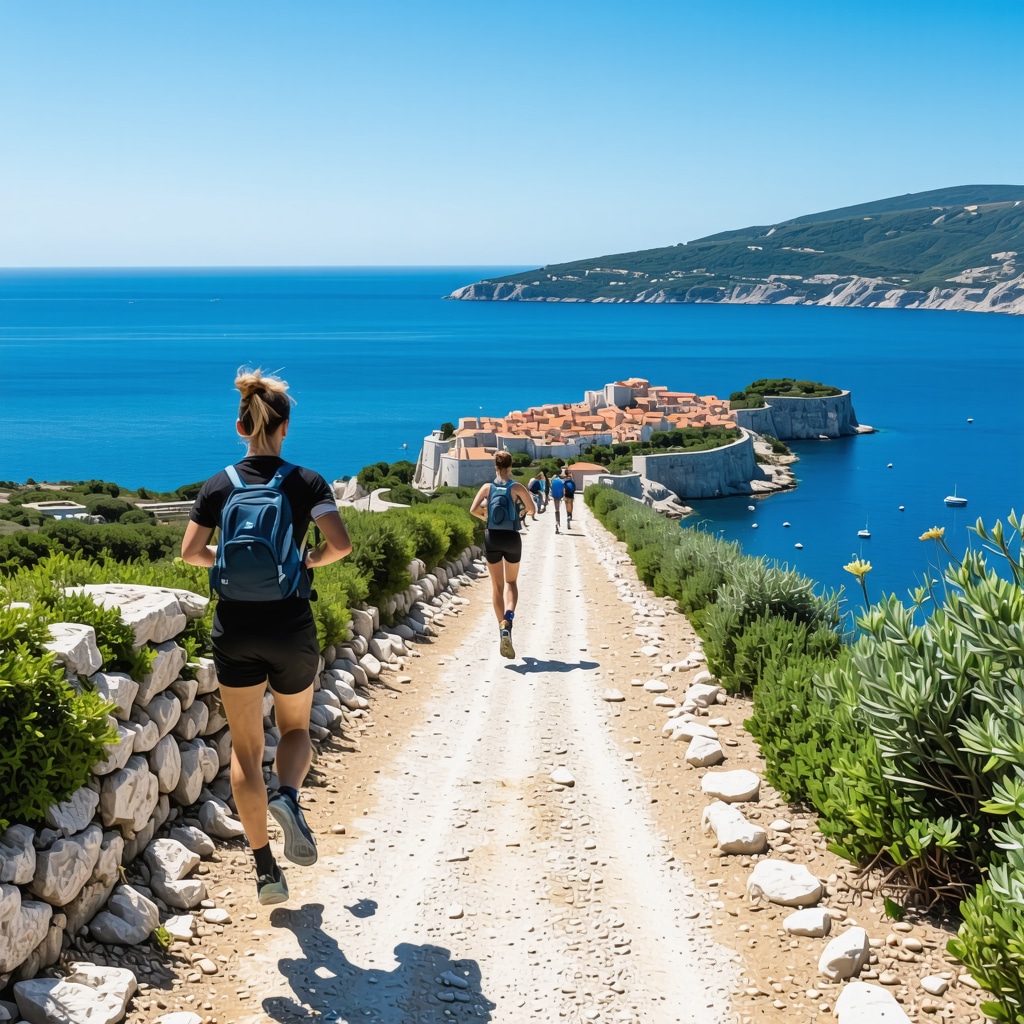 Athletes running on smart trails along Dubrovnik coast with digital health and environmental data overlay
