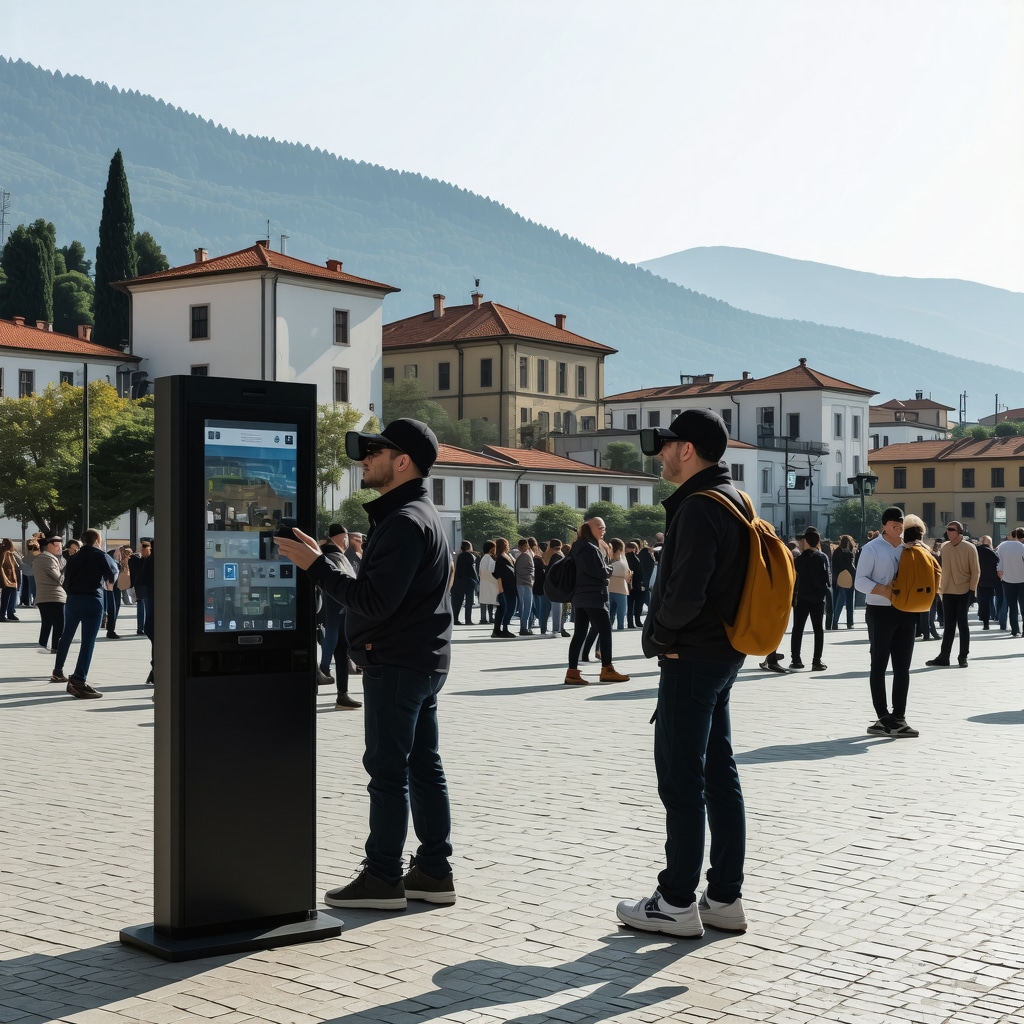 Tourists interacting with digital kiosks and augmented reality tours in Novi Pazar