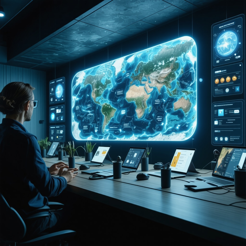Digital control center with IoT sensors and tourists engaging in sustainable tourism management in Omiš
