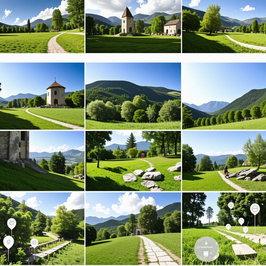 Panoramic landscape of Berane with digital augmented reality overlays highlighting smart tourism features and natural beauty