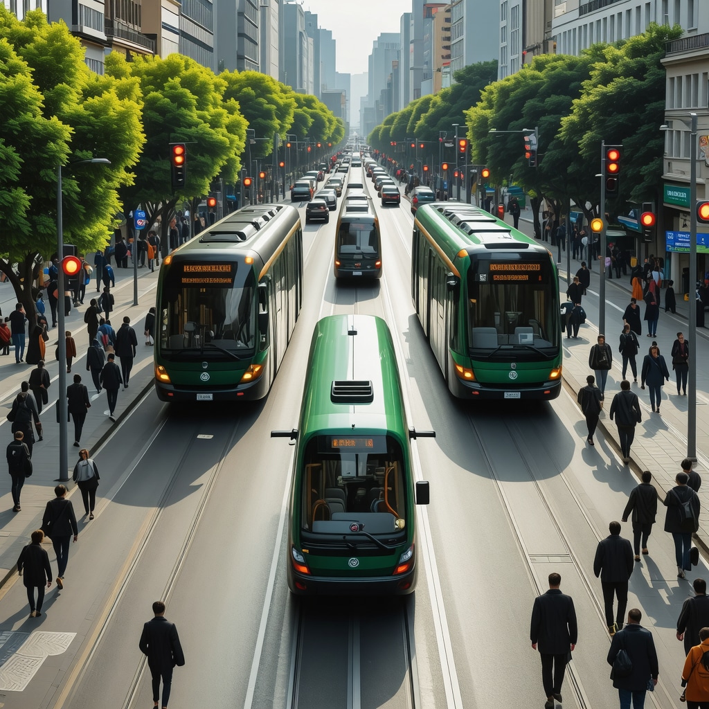 Futuristic Skopje cityscape with AI traffic control, electric buses, and citizens using mobile transit apps in a green urban setting