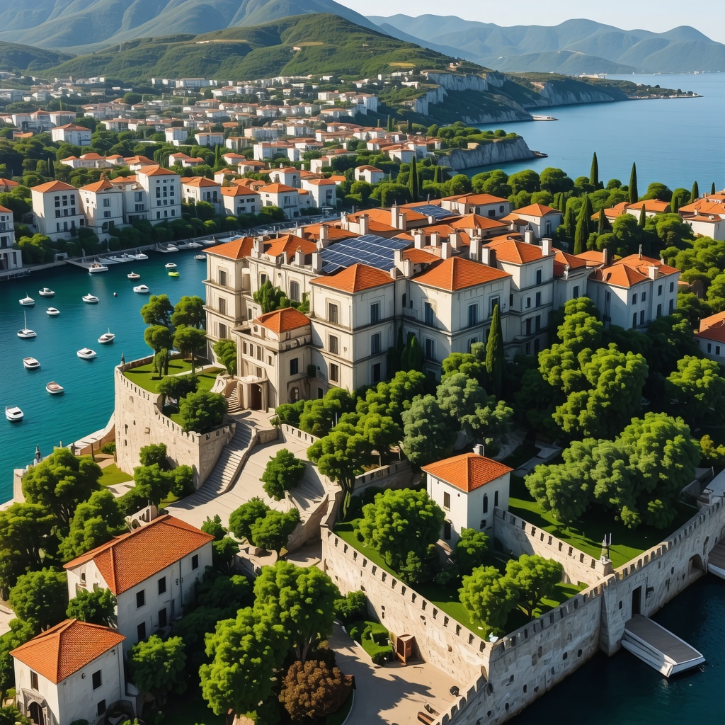 Aerial view of Budva showing smart city features and sustainable green tourism infrastructure