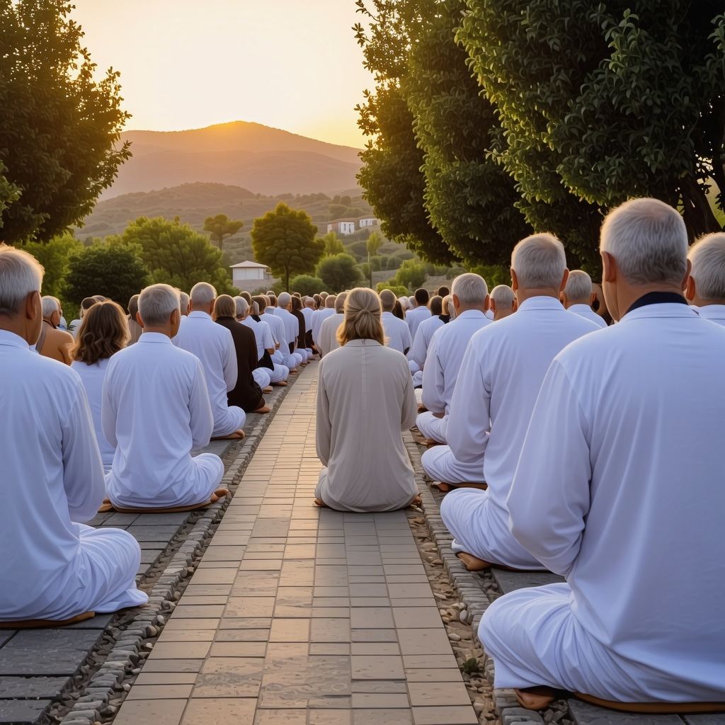 Pilgrims and local guides walking and meditating on a spiritual path in Međugorje at sunset