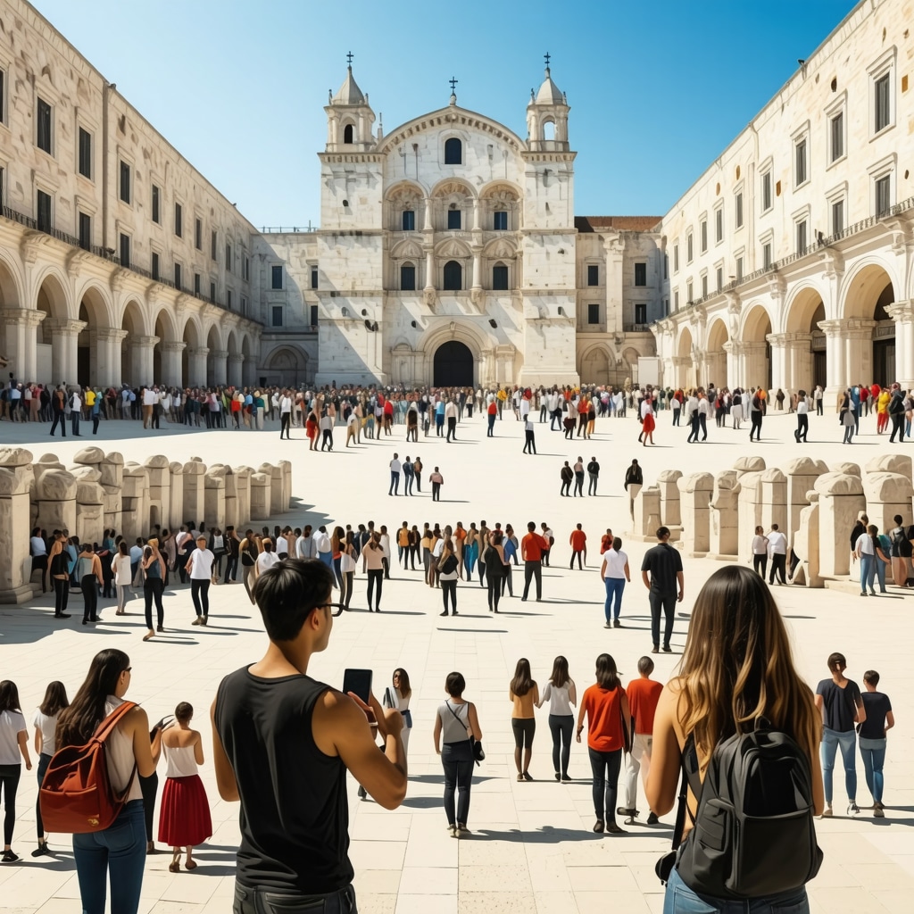 Collage of Diocletian's Palace with modern digital installations and tourists using mobile technology in Split