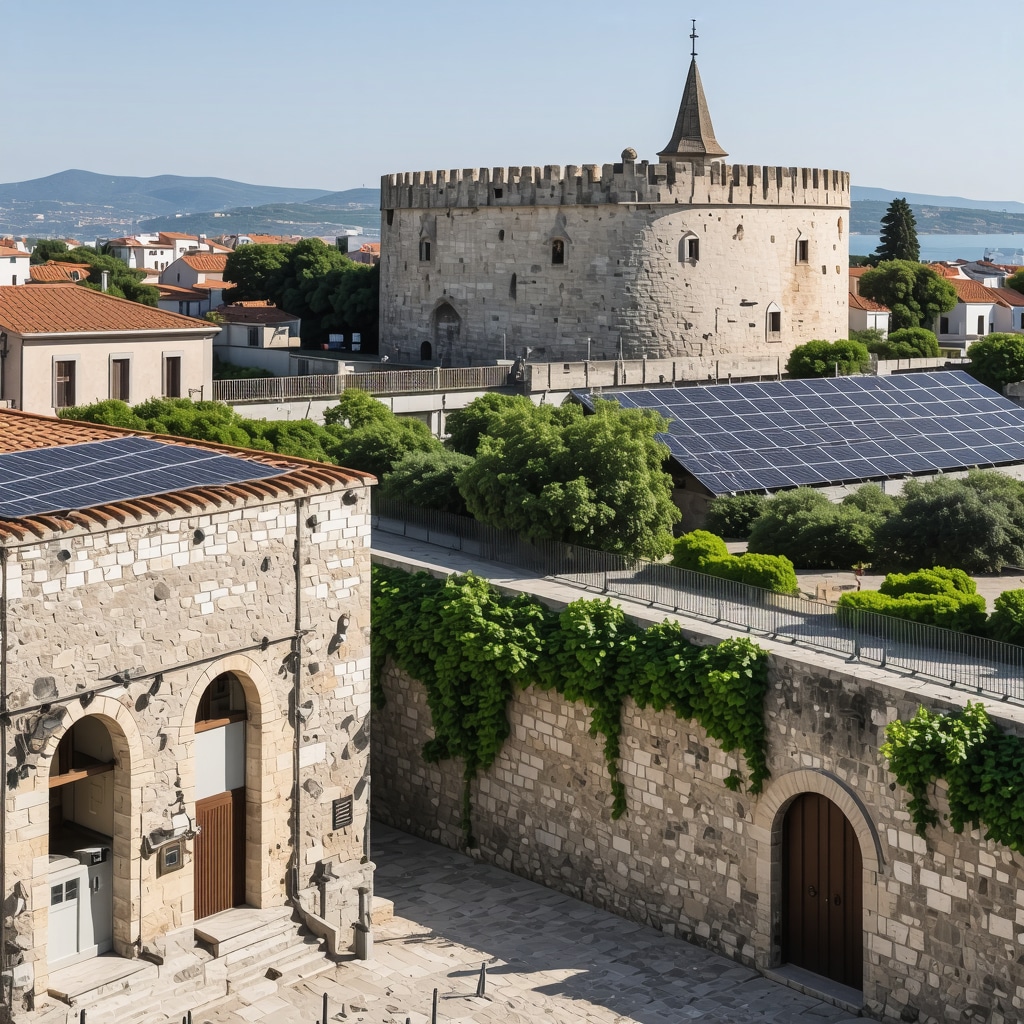 Panoramic view of Diocletian's Palace with modern sustainable city elements like solar panels and green spaces