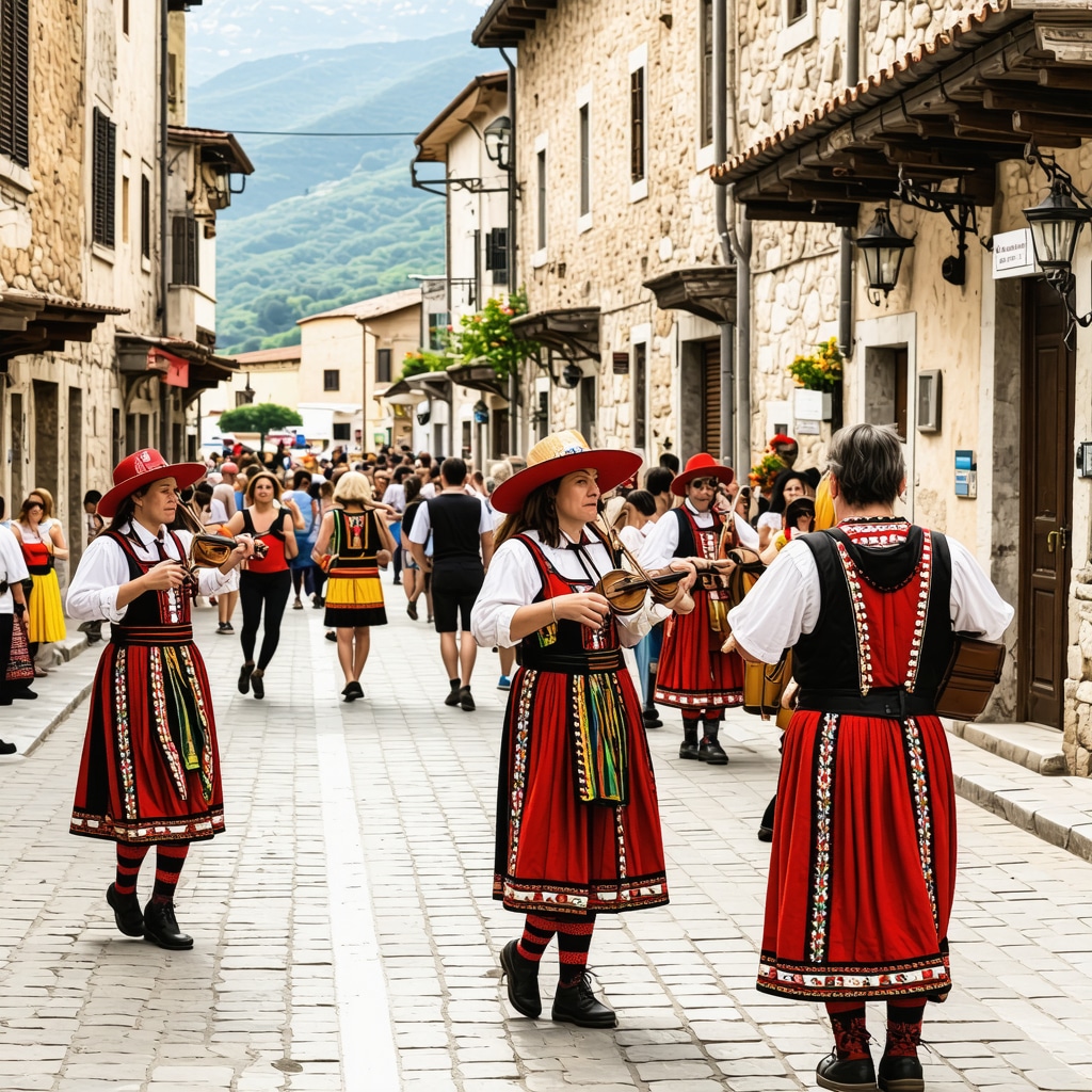 Street scene in Stolac during 2024 cultural festival with traditional music and historic buildings