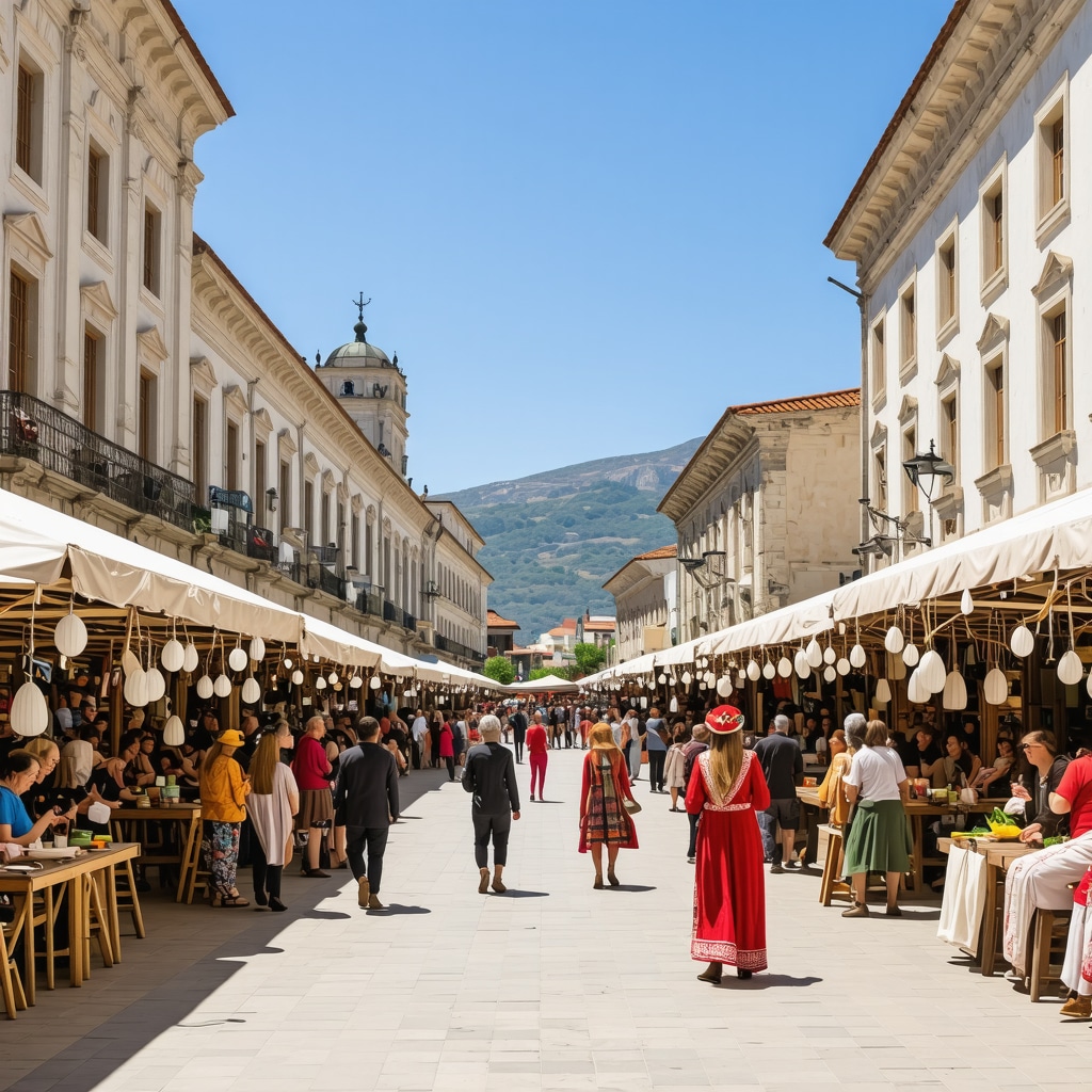 Vibrant street in Bitola with traditional Balkan buildings and cultural festival activities in 2024