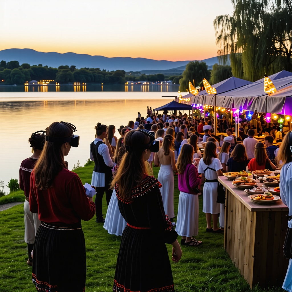 Crowds enjoying Struga Festival 2024 with traditional Balkan costumes, AR and VR technology exhibits, and festive food stalls by Ohrid Lake at sunset