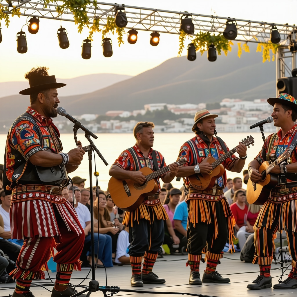 Musicians performing at Struga Festival 2024 with crowd enjoying by Ohrid lake at sunset