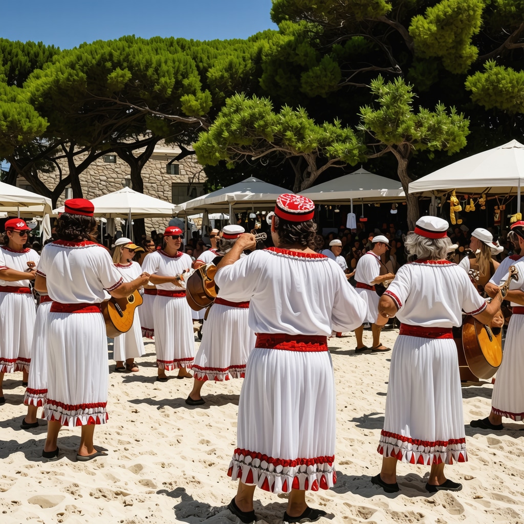 People enjoying a vibrant summer festival with traditional Greek music and dancing on a beach in Halkidiki