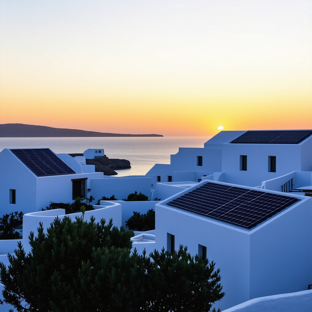 Sunset view of Mykonos island featuring traditional architecture equipped with solar panels symbolizing sustainable tourism