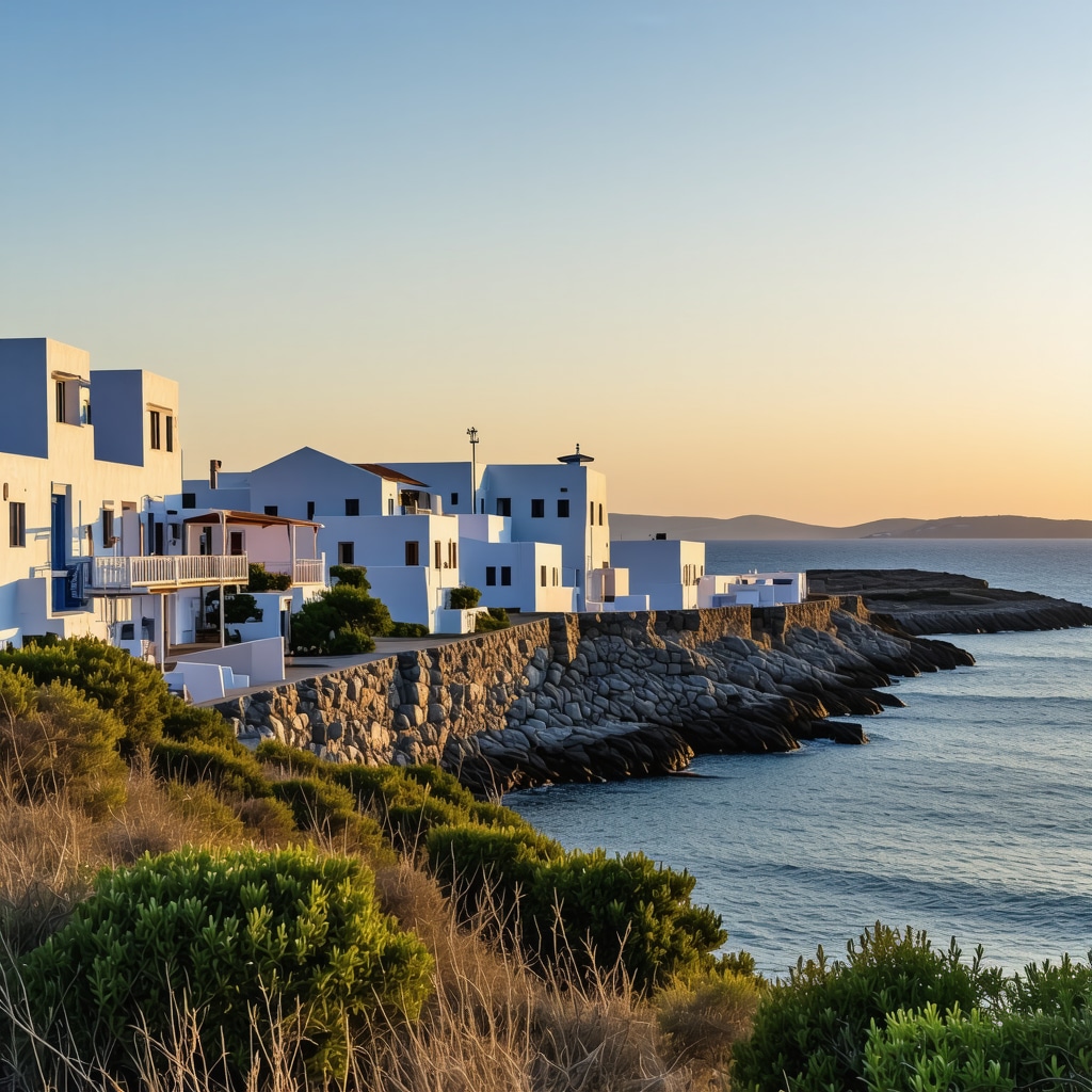 Mykonos island sunset with white houses and blue sea