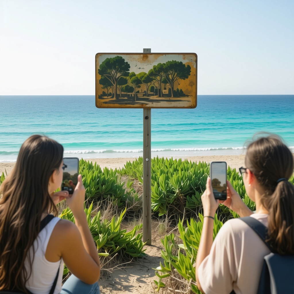 Tourists engaging with augmented reality historical tours near sustainable signage on Nin's pristine beaches