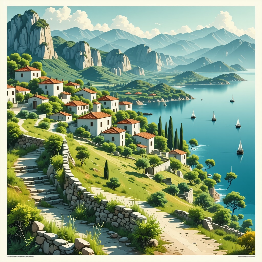 Illustration depicting sustainable tourism in Himara combining technology, local community, and natural environment