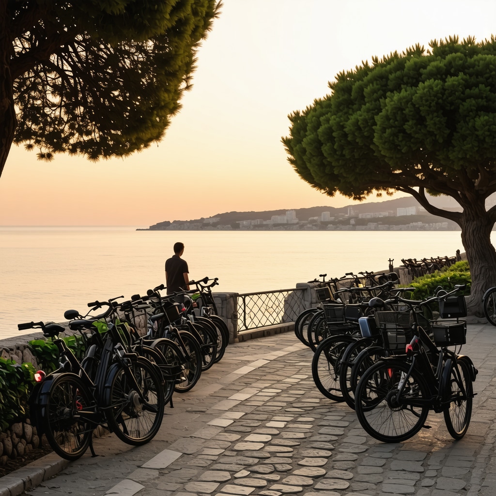 Panoramic view of Piran coastline with electric bicycles and green corridors highlighting sustainable tourism