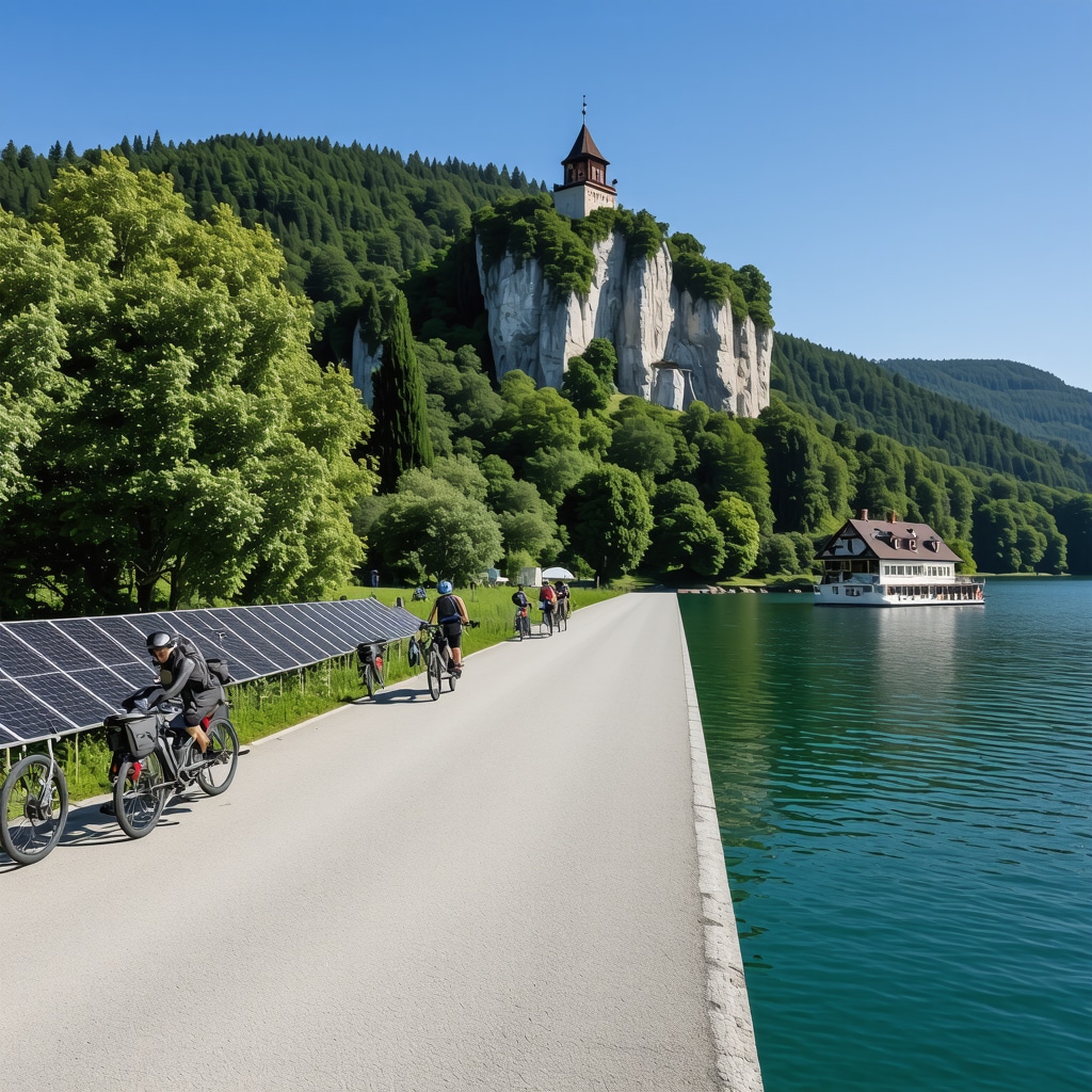 Panoramic view of Lake Bled showcasing electric boats, solar panels, and cyclists on bike paths representing sustainable tourism