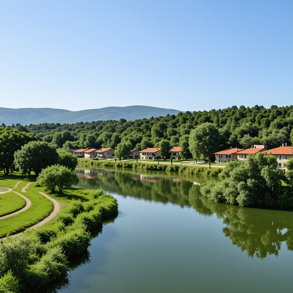 Aerial view showing eco-friendly hotels, hiking trails, and pristine Ohridsko Lake near Pogradec