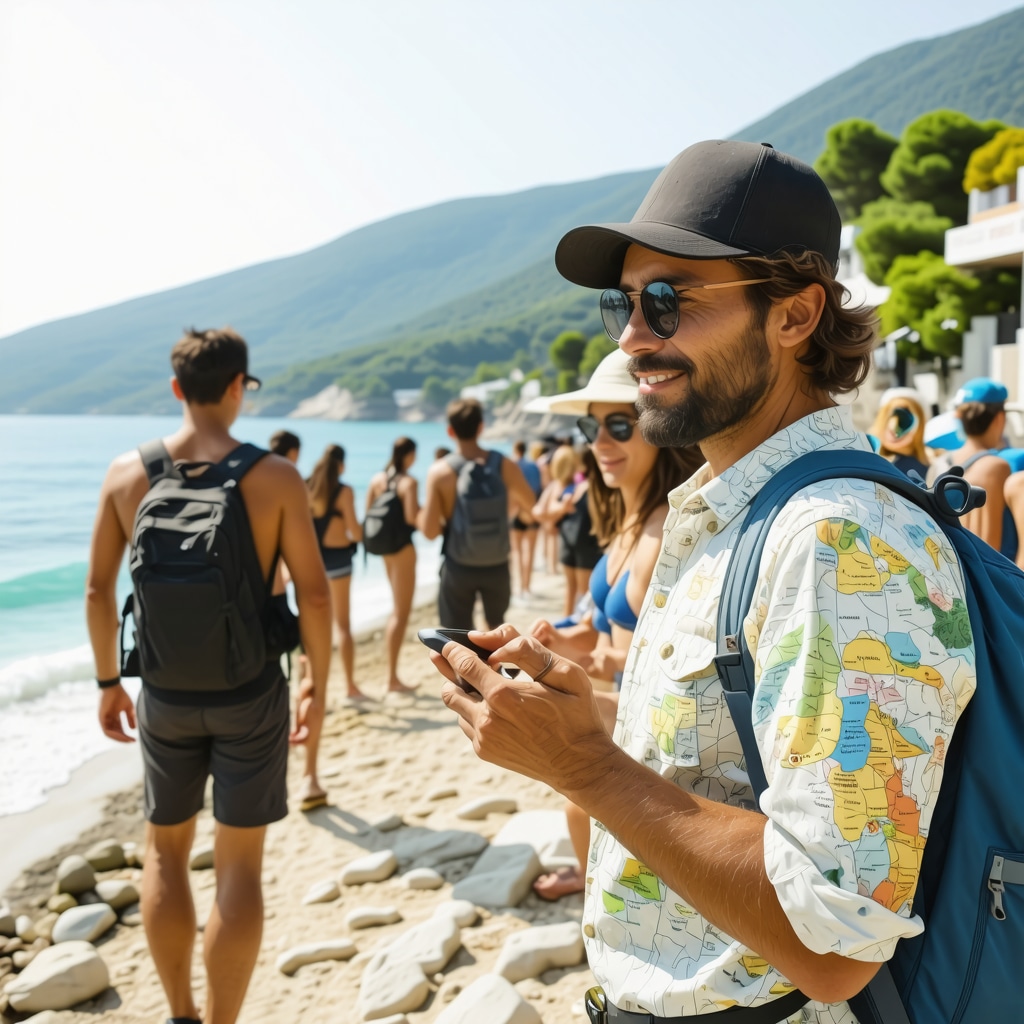 Eco-friendly tourists hiking and engaging in local cultural festival with pristine coastal landscapes in Himara, Albania