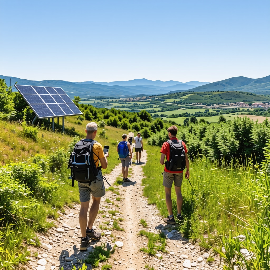 Panoramic view of Lovćen National Park featuring sustainable infrastructure and hikers using technology