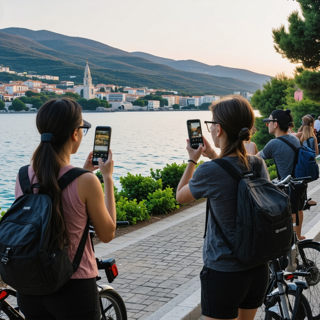 Tourists in Bar Montenegro using augmented reality apps and eco-friendly transport near historic sites with Adriatic Sea background