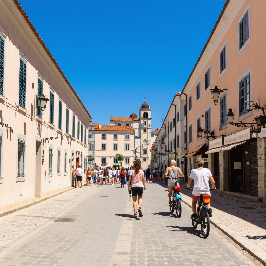 Tourists exploring Piran's old town using eco-friendly transport like bicycles and electric scooters