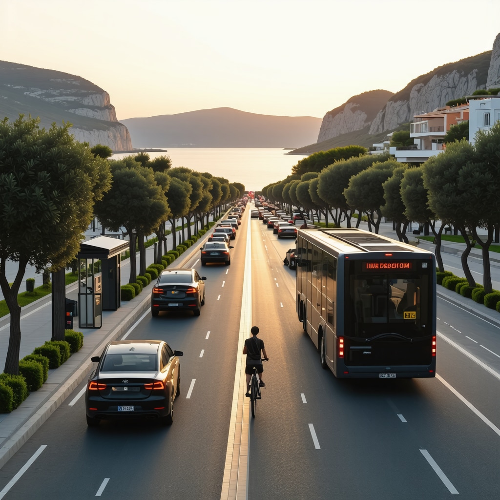 Electric vehicles, cyclists, and smart digital kiosks in a sustainable cityscape of Omis with coastal scenery