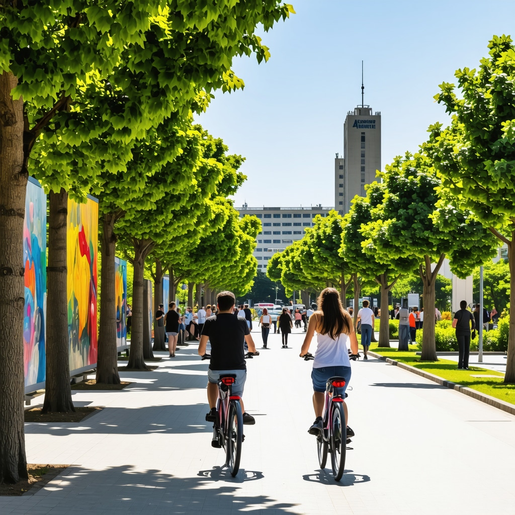People cycling and enjoying urban green spaces and art installations in Tirana