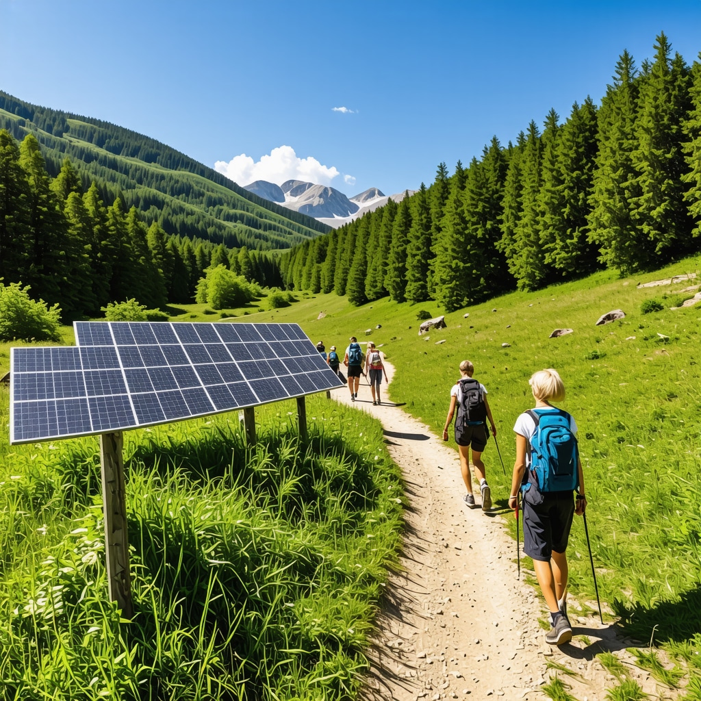 Hikers on sustainable trails with conservation signage and solar panels in Durmitor National Park, Montenegro