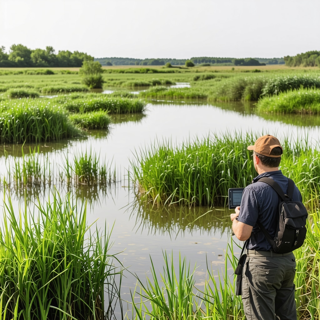 Panoramic view of Kırklareli wetlands with digital ecological monitoring elements and eco-tourists