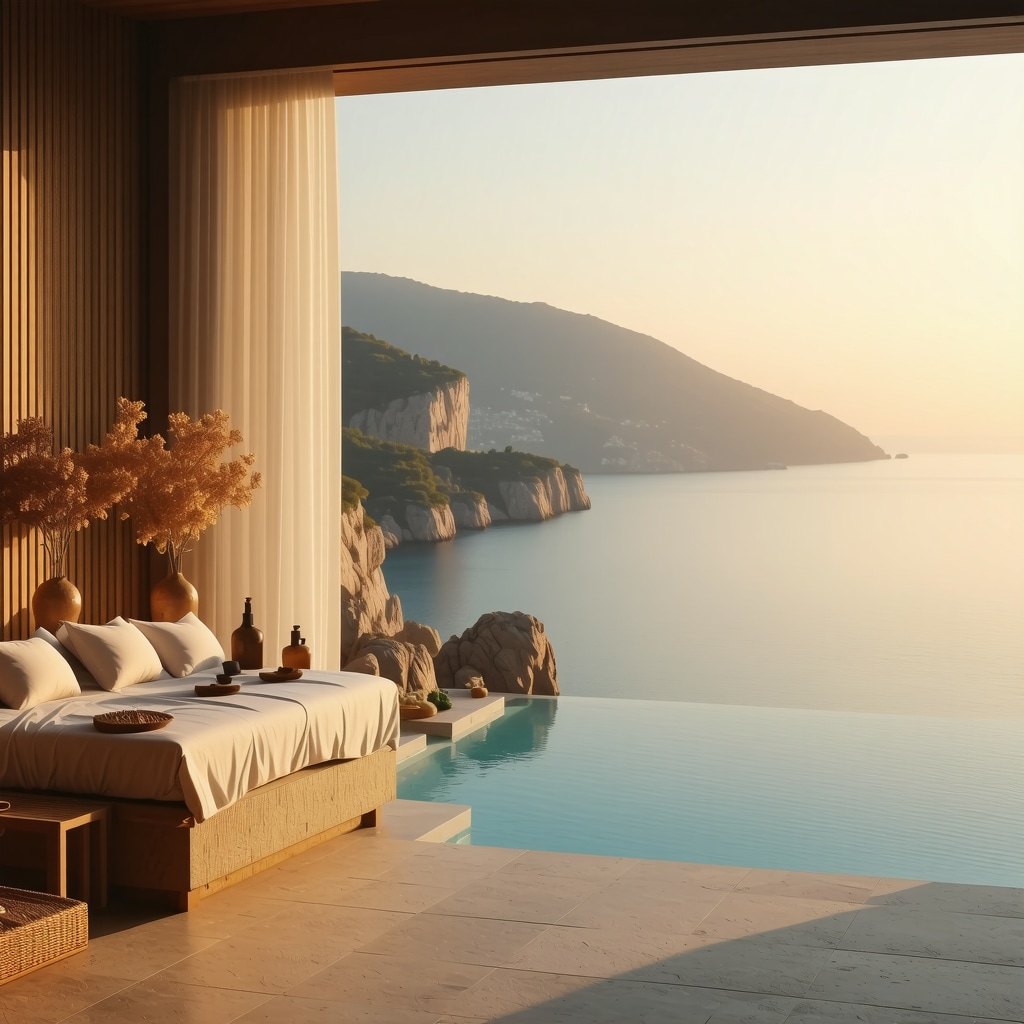 Spa center at Sveti Stefan overlooking the sea during sunset with modern and traditional wellness elements