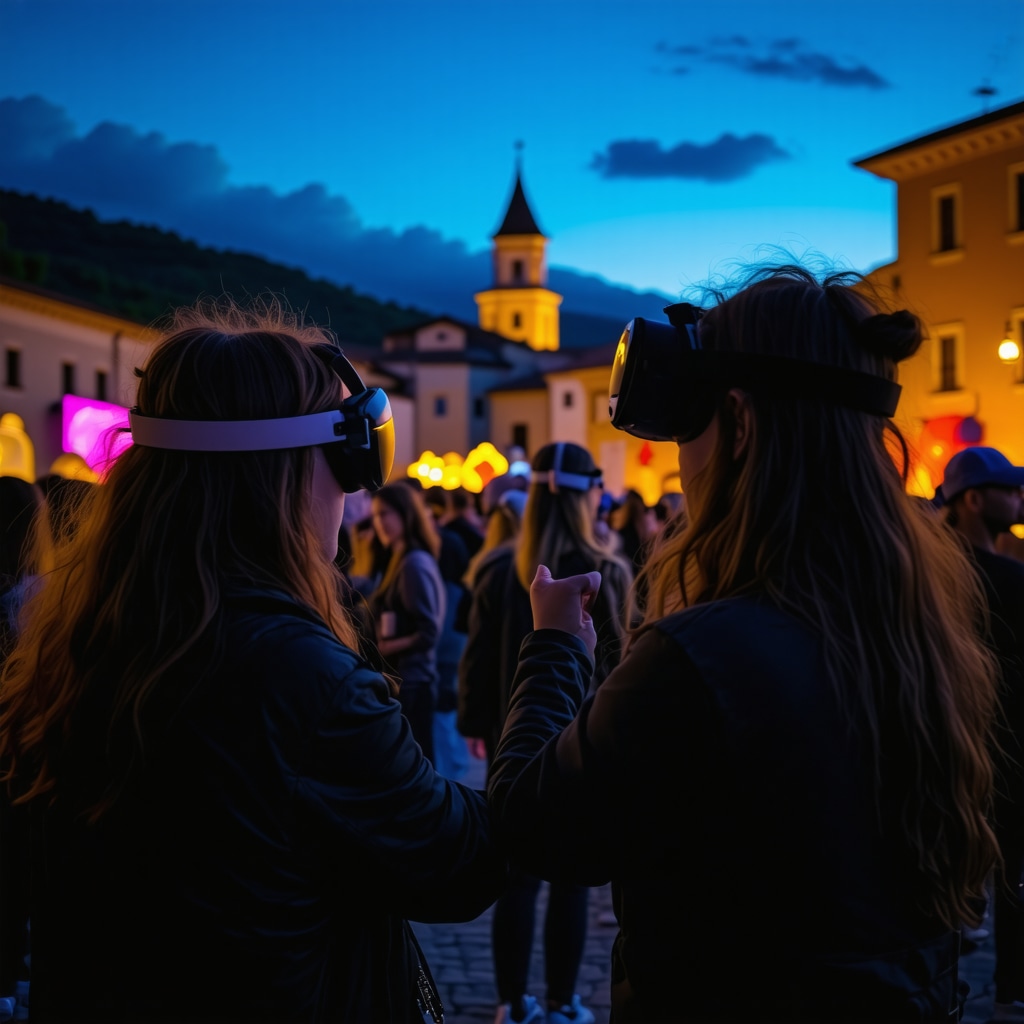 Night scene of Tetovo cultural festival featuring augmented reality and virtual reality interactive art installations with diverse audience and illuminated historic buildings