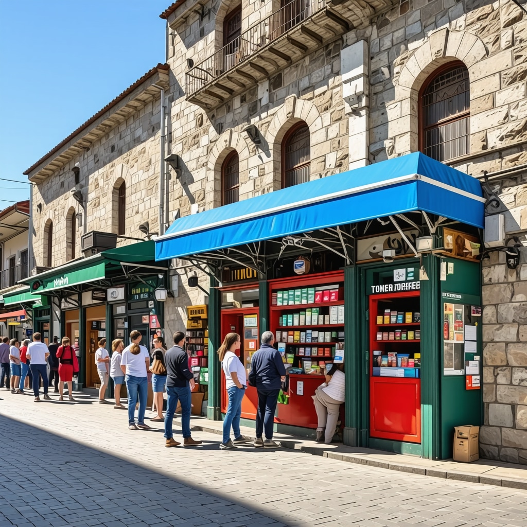 Street scene in Tetovo with Ottoman architecture and modern digital kiosks, locals and tourists interacting