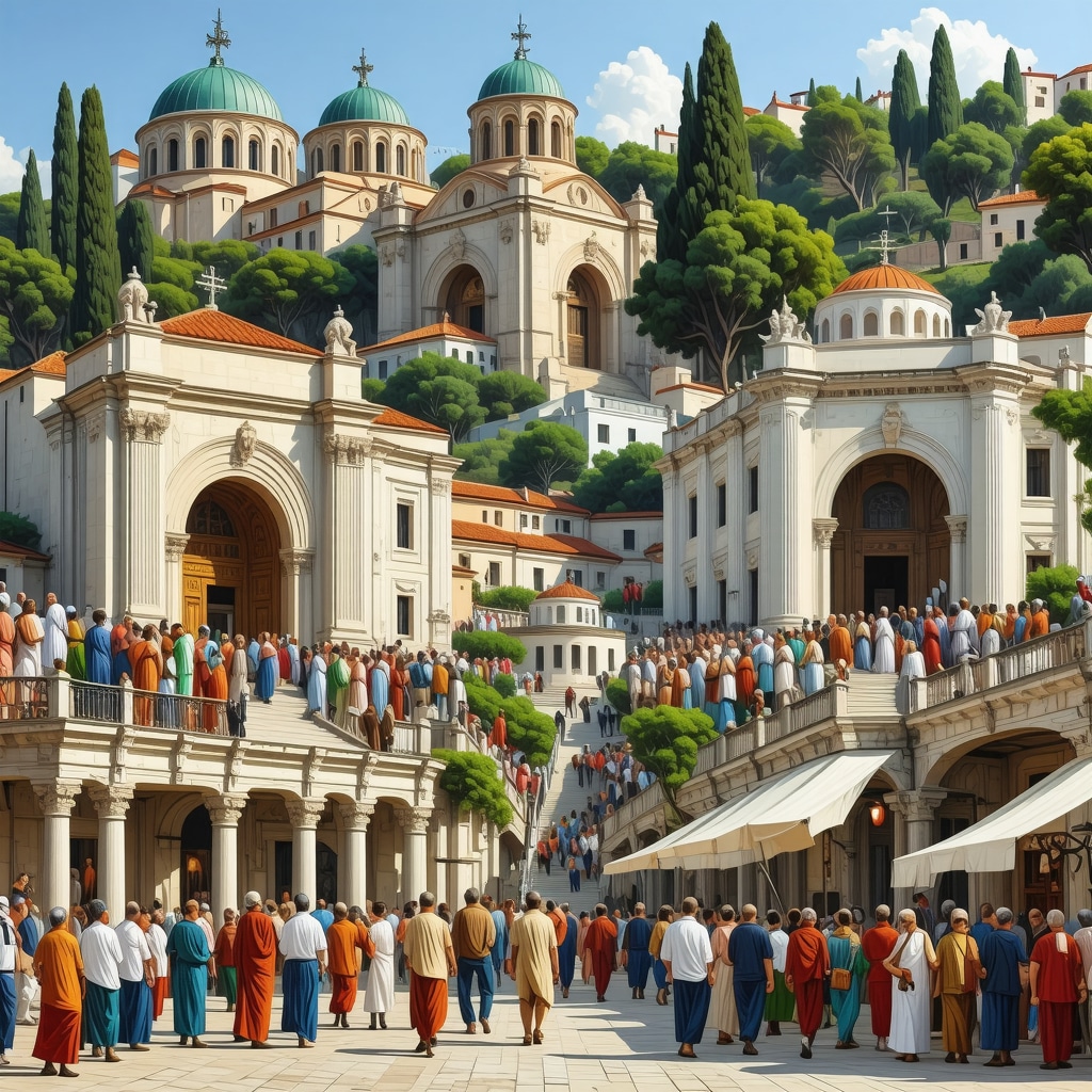 Collage depicting Thessaloniki's Byzantine architecture, Ottoman baths, digital museum exhibits, and lively local community