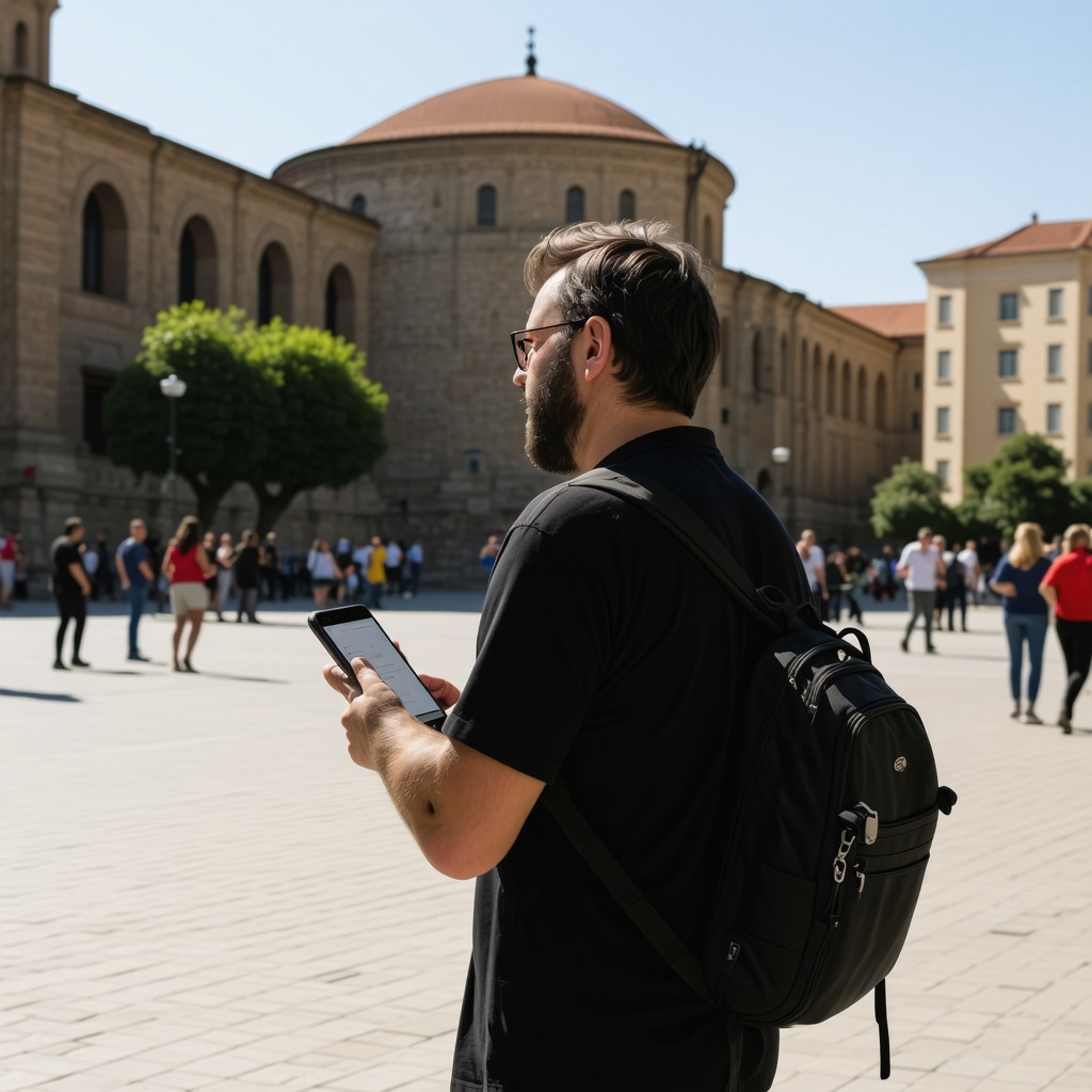 Tourist holding smartphone with a digital tourism app in front of Arad's historical buildings