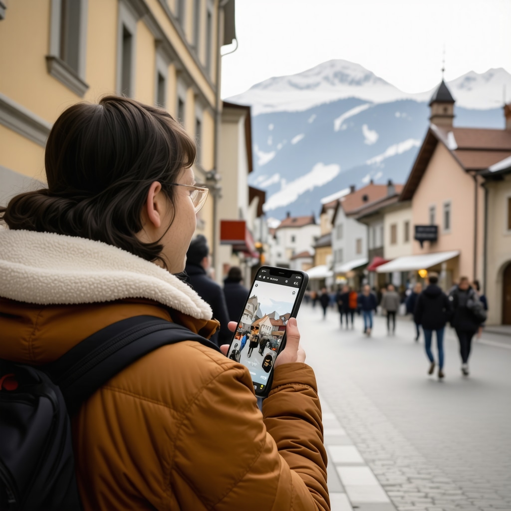 Tourist holding smartphone with augmented reality app in historic Brașov streets with snow-covered mountains