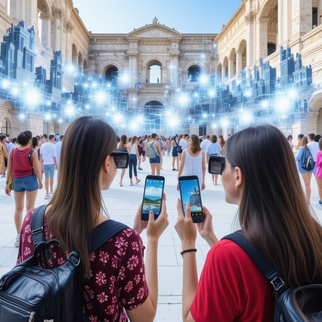 Tourists using augmented reality applications to view Roman reconstructions at Diocletian's Palace, Split