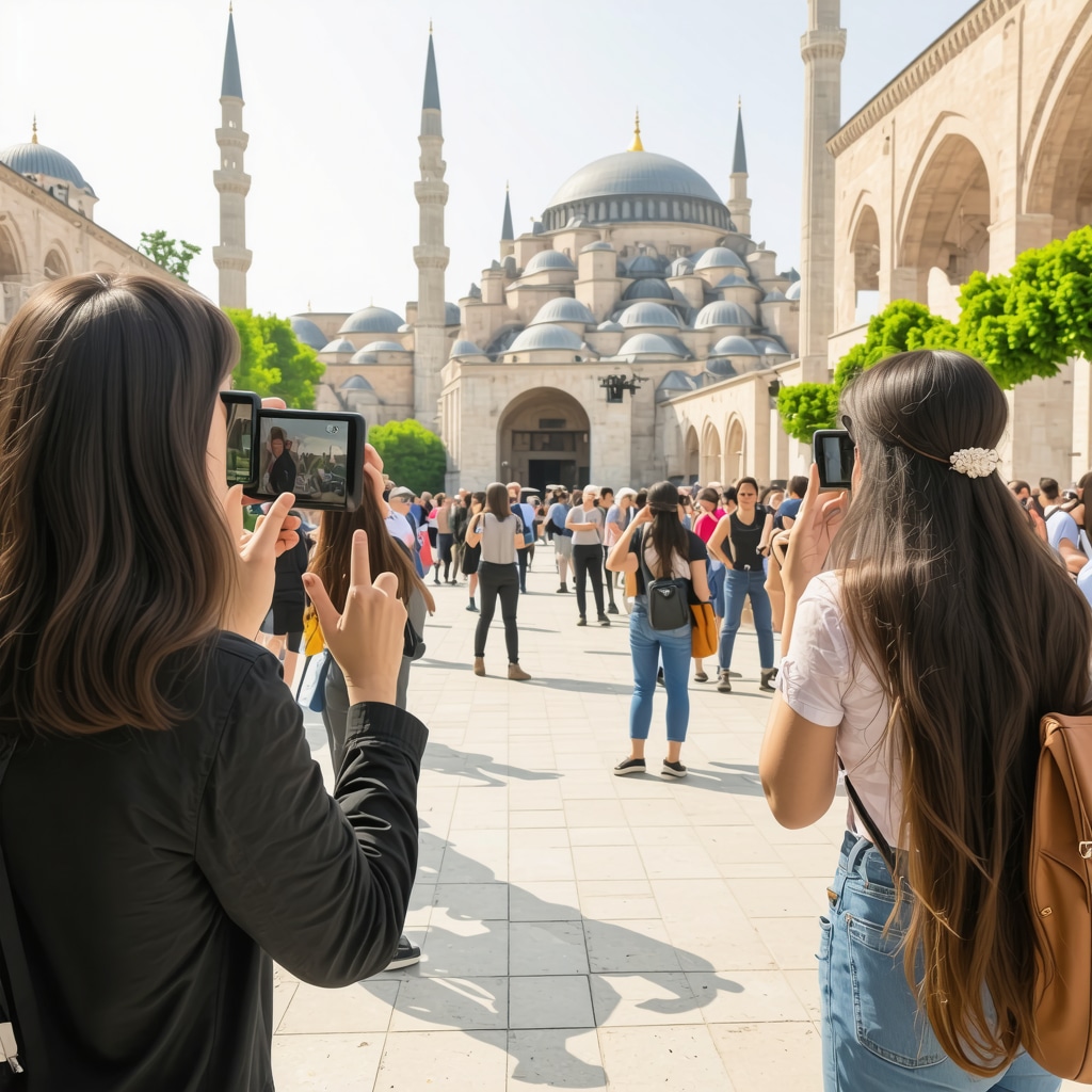 Tourists using AR devices near Selimiye Mosque in Edirne