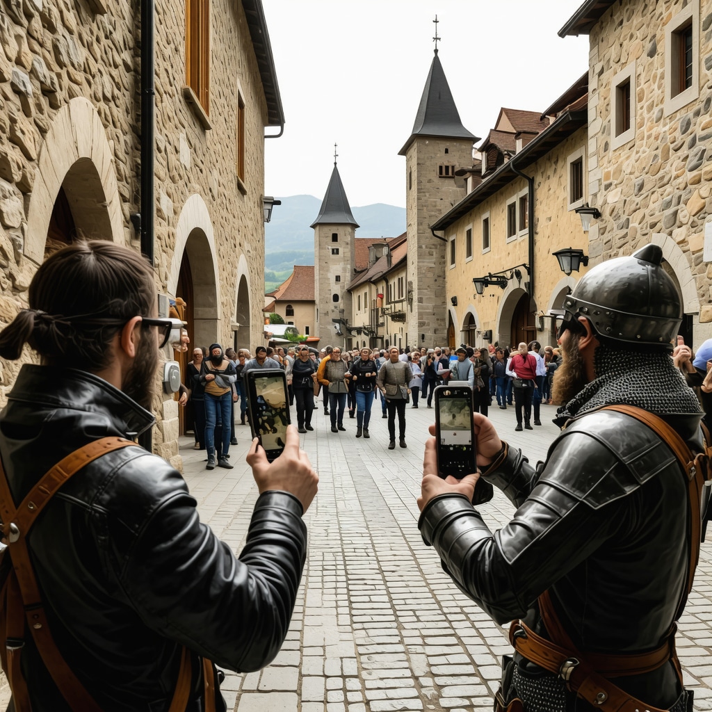 Tourists using AR devices to view historical reconstructions in Sighișoara