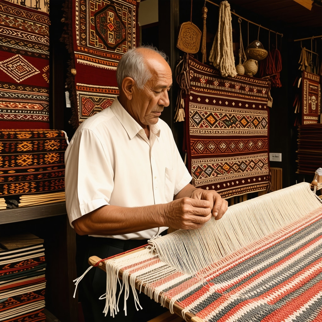 Craftsman weaving colorful Balkan textiles in a traditional workshop in Tetovo