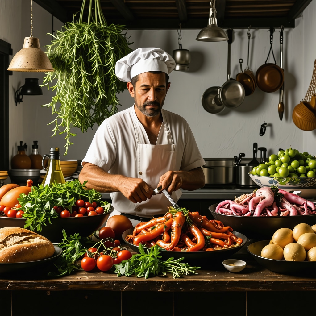 Local chef preparing traditional seafood dishes in a rustic Cretan taverna kitchen with fresh ingredients and Mediterranean ambiance