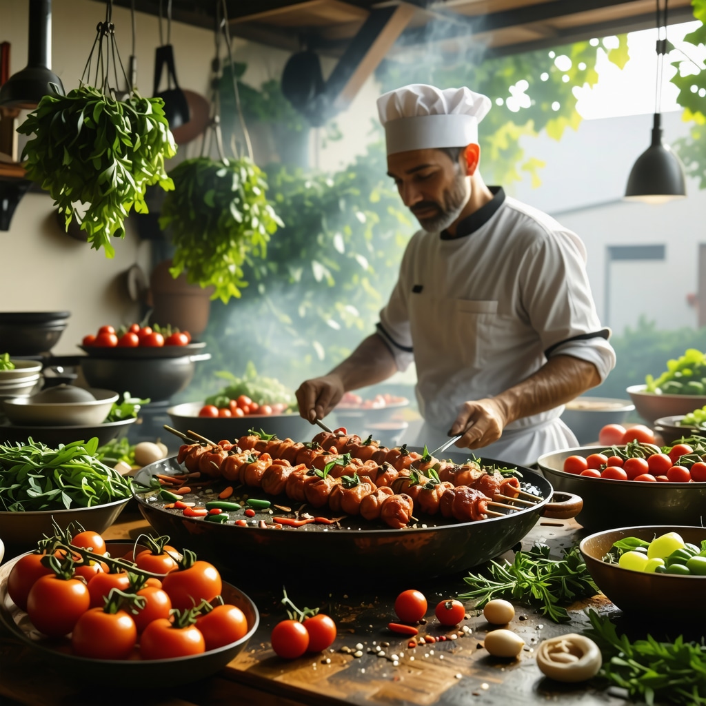 Local chef preparing kebabs and tarhana in a traditional Turkish-Balkan kitchen with fresh organic produce