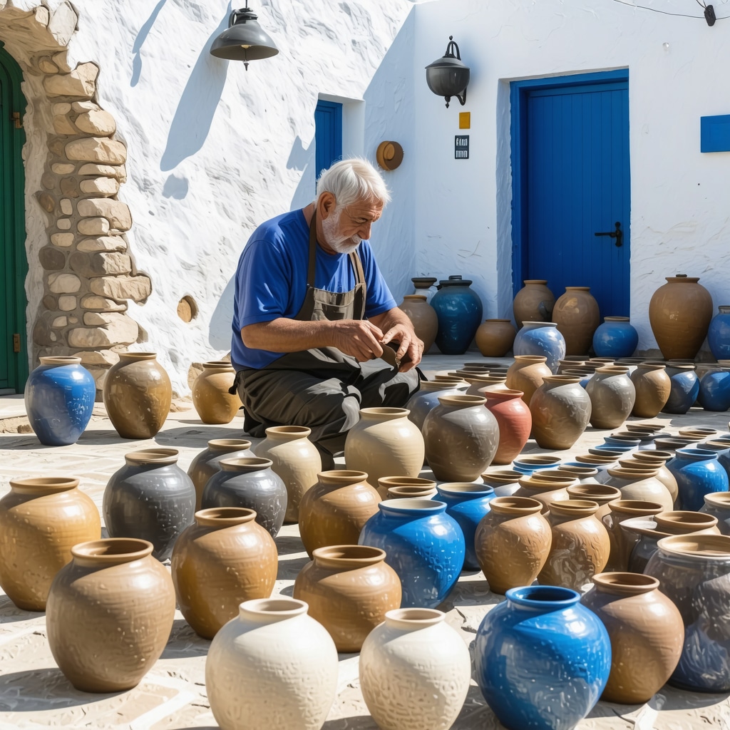 Artisans making ceramics in a traditional Santorini village pottery workshop