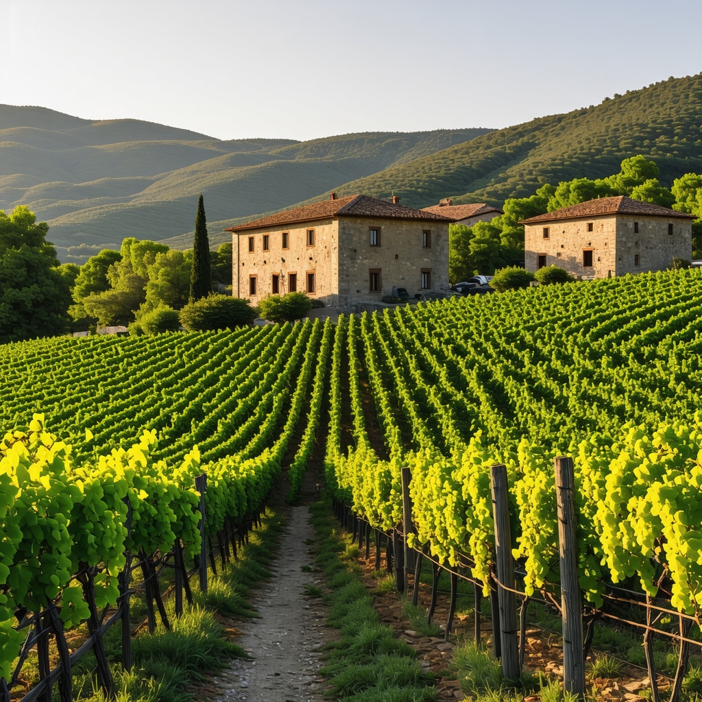 Sunlit vineyard in Trebinje with ripe grapes and rustic winery buildings