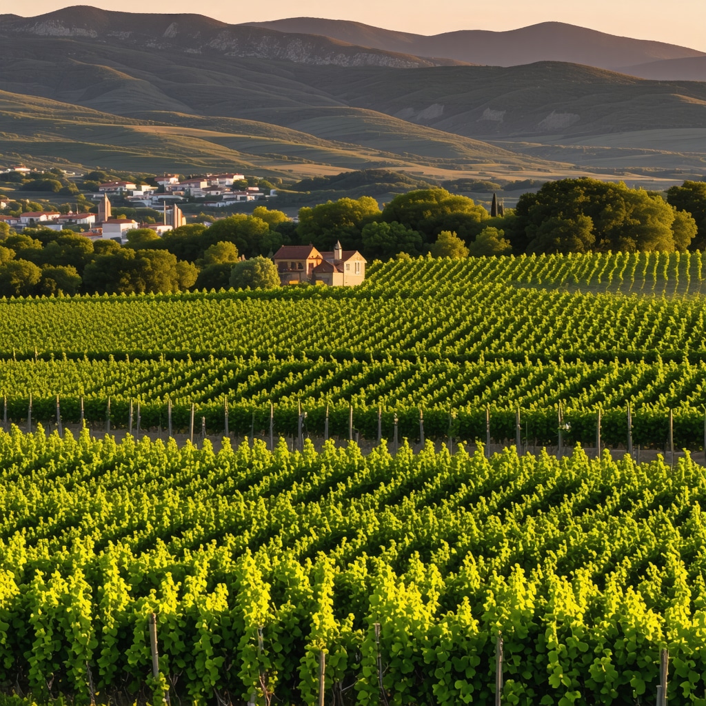 Panoramic view of Trebinje vineyards with varied terrain and historic landmarks under sunset