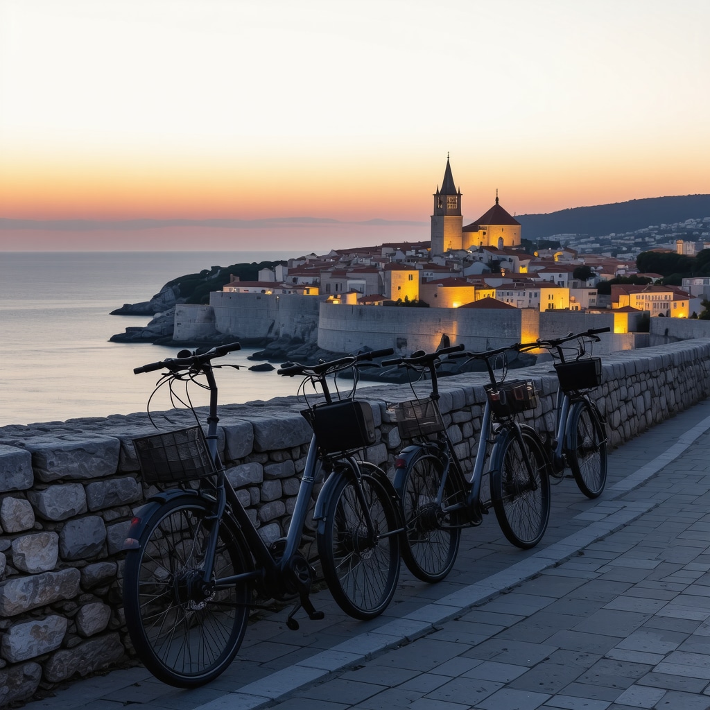 Illuminated Dubrovnik city walls at twilight with e-bikes in foreground symbolizing sustainable tourism