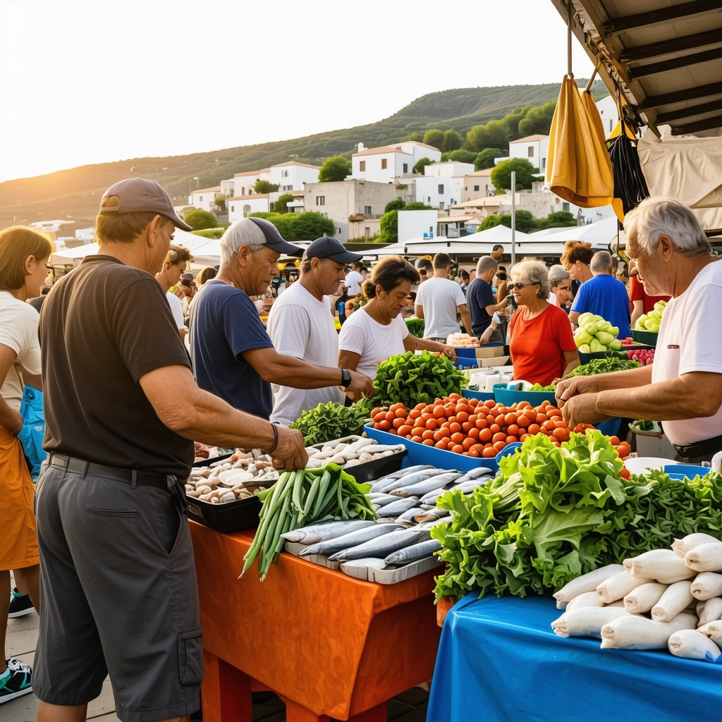 Fresh seafood and local produce at an outdoor market in Ulcinj with historic coastal town in background
