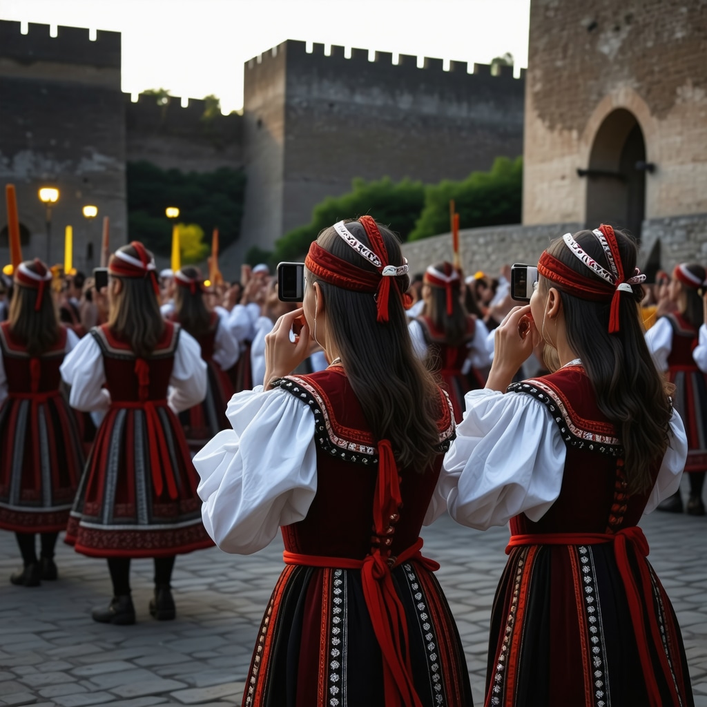 Performers in traditional Balkan attire interacting with augmented reality installations at Veliko Tarnovo Festival 2024